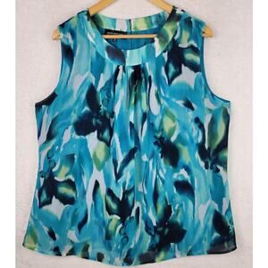 Bohemian 16W Top Sleeveless Blue Green Floral Tropical Career Whimsical Summer